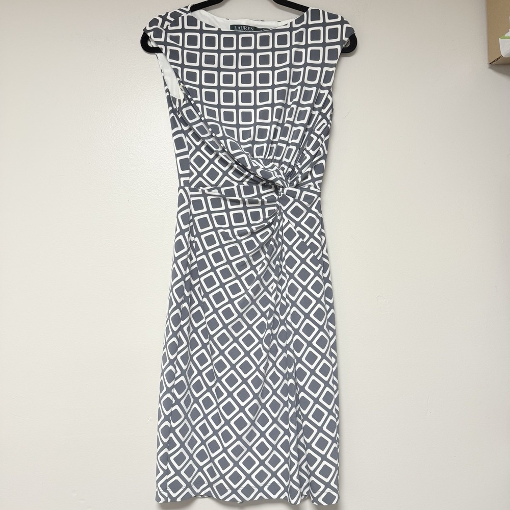 Lauren Ralph Lauren Geometric Print Twisted Waist Sheath Dress Size 2 Gray White
